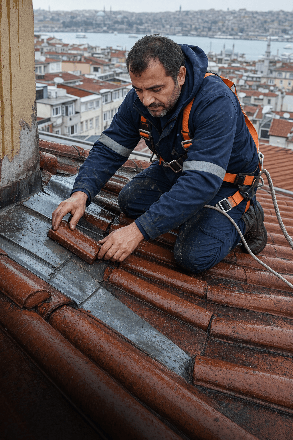 İstanbul'da yağış sonrası kiremit ve çatı dere onarımı yapan güvenlik ekipmanlı usta